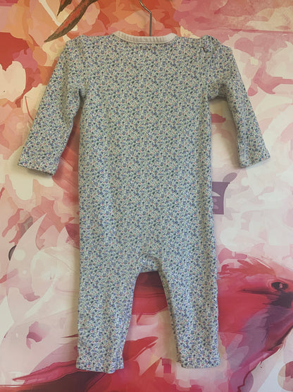 Ralph Lauren romper with blue & pink tiny flowers, buttons/ruffles on front and snap closure on legs. 6m