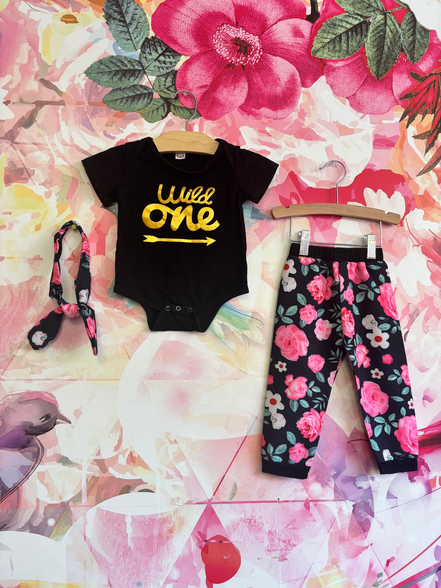 WILD ONE black & gold onesie and black, pink, green floral pants with matching headband. Size 2T