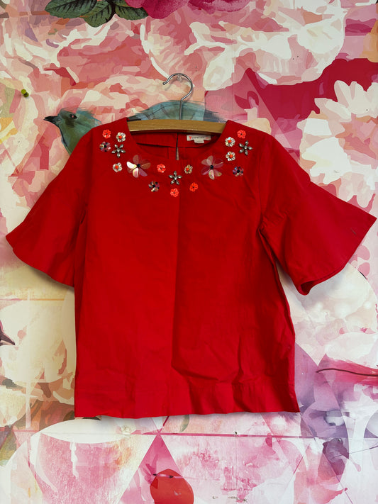 Crewcuts red short sleeve top with gemstone flowers. Size 10.