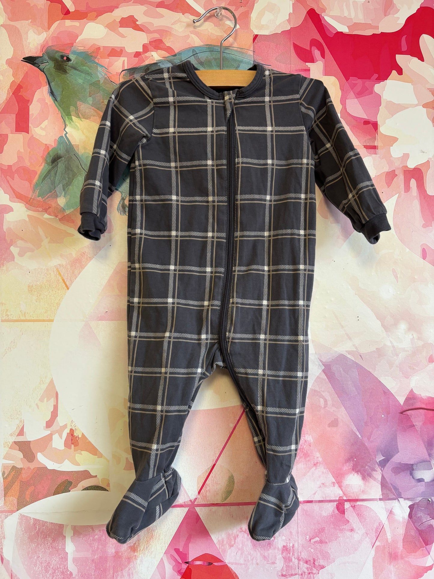 Firsts by Petit Lem grey and cream plaid footed romper. Size 6m