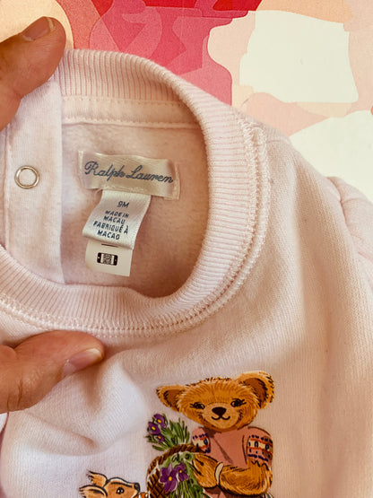 Ralph Lauren baby girls pink Polo bear romper. Size 9m.