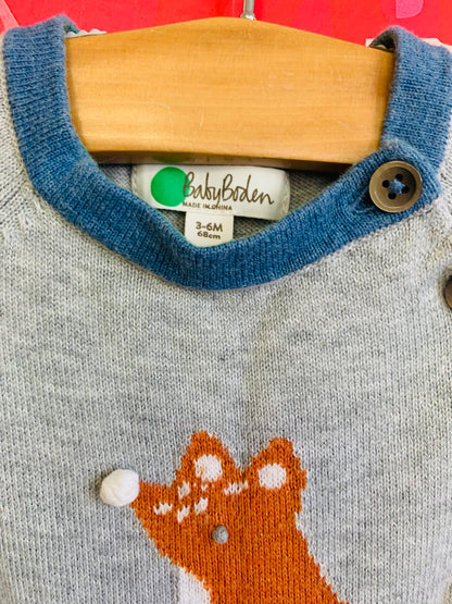 Baby Boden grey, blue, green, brown fox sweater. 100% cotton. Size 3-6m