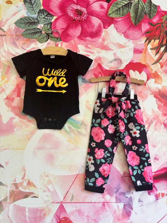 WILD ONE black & gold onesie and black, pink, green floral pants with matching headband. Size 2T