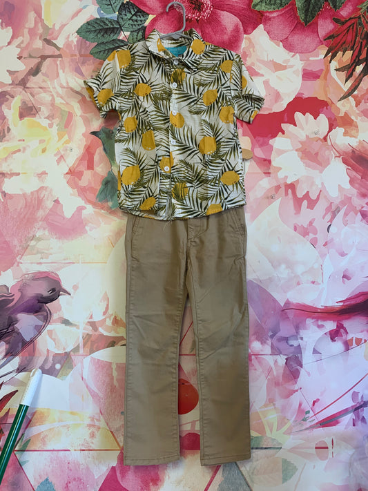 Denim Bay Kids white button down with green palm leaves & yellow lemons. Gap Kids Khaki slim pants. Size 5