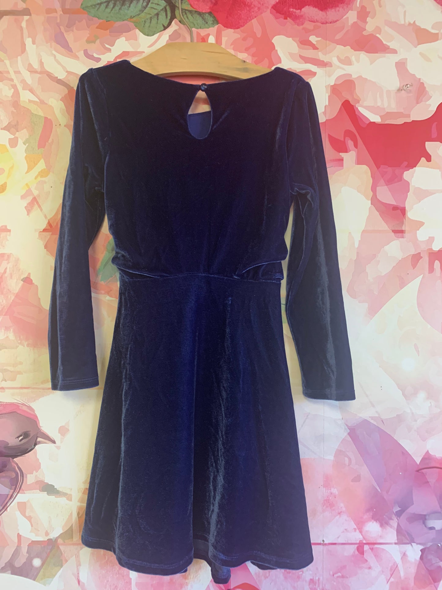 Ava & Yelly blue velour long sleeve dress with waist tie. Asymmetrical neckline. Size 8