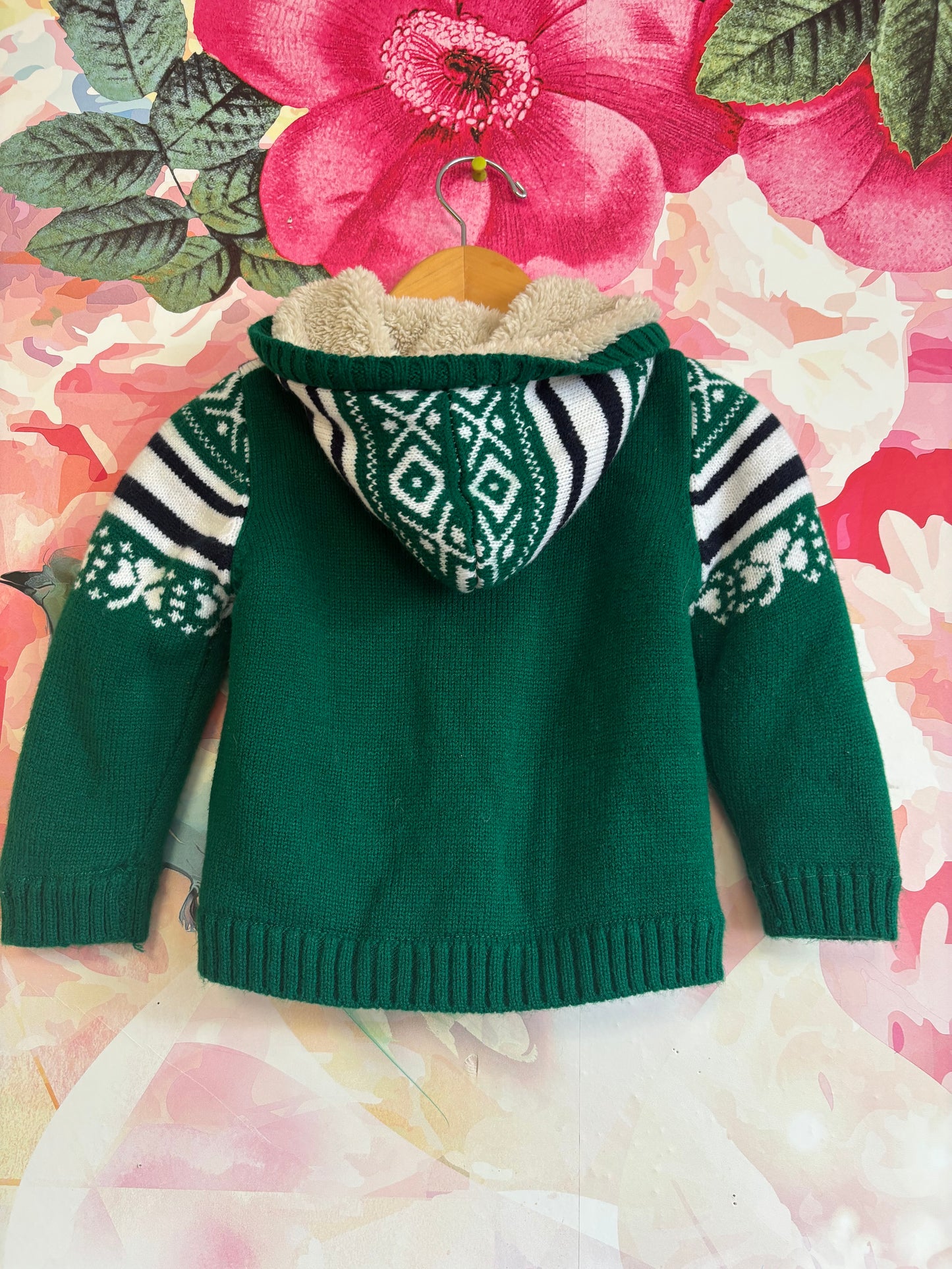 Fleece lined green knit sweater with hood. Size 24m.