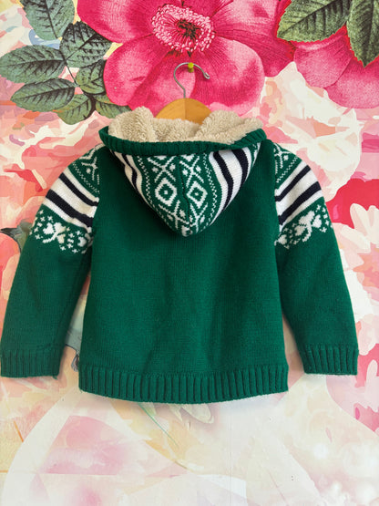 Fleece lined green knit sweater with hood. Size 24m.