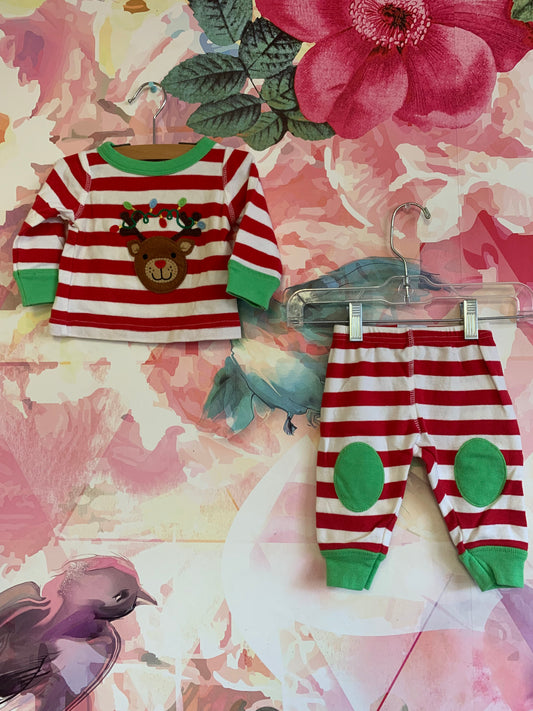 mudpie red/white stripe long sleeve pj set with reindeer. Size 0-6m.