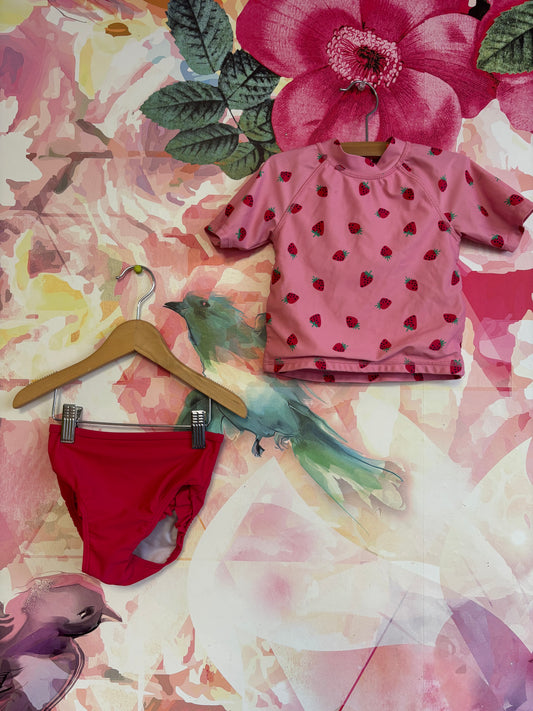 Joe Fresh pink & red two piece bathing suit with strawberries. Size 12-18m.