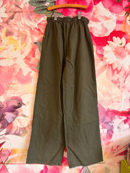 Pink Chicken army green button down and wide leg pants with gold sequins and elbow patches. Size 14