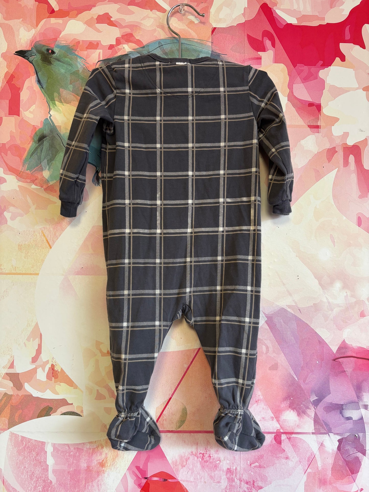 Firsts by Petit Lem grey and cream plaid footed romper. Size 6m