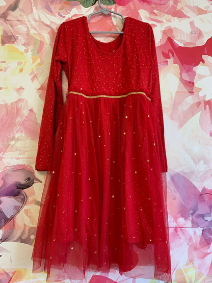 Red long sleeve dress with gold polka dots & stars on tulle skirt. Size 10/12.