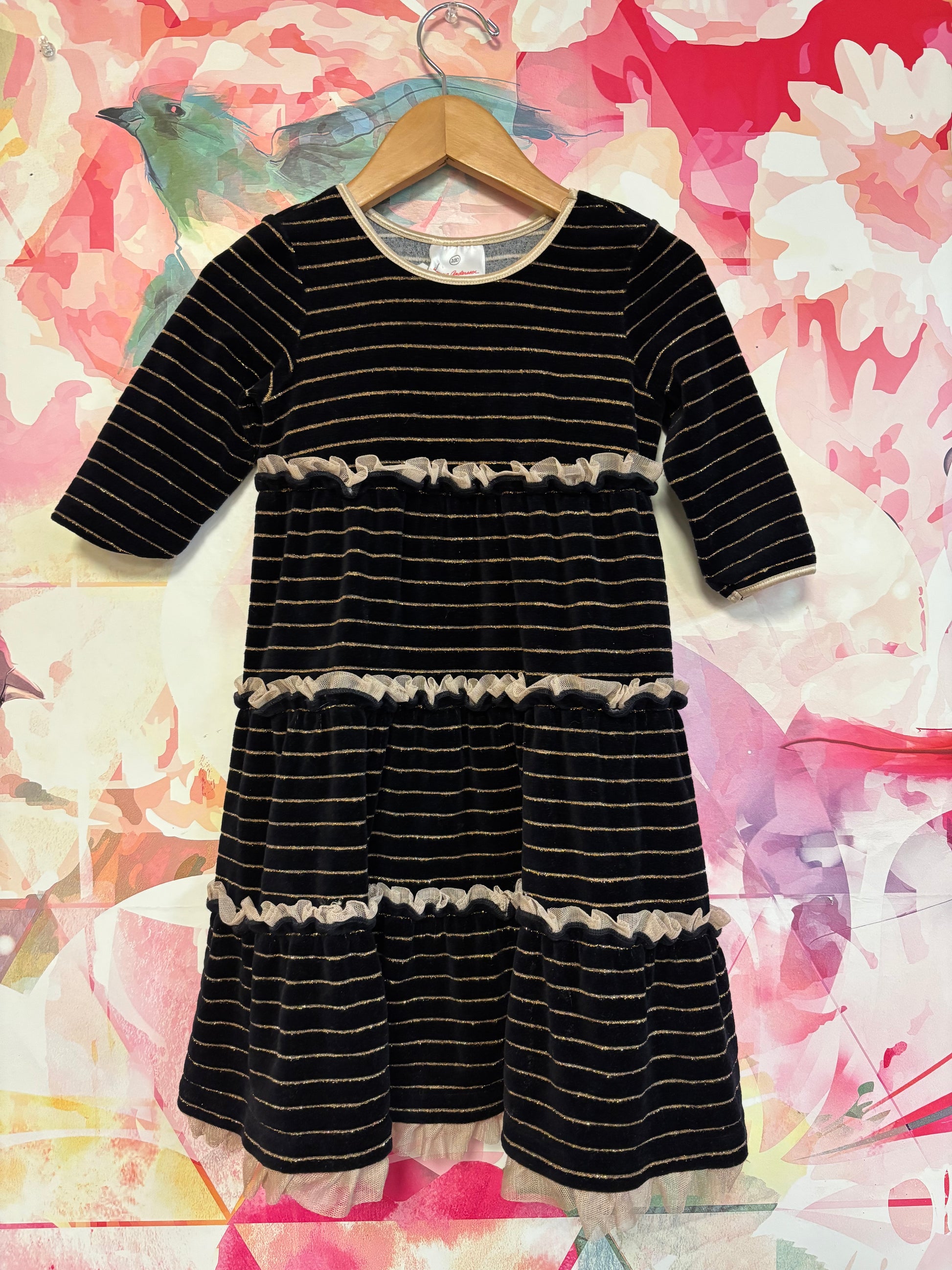 Hanna Andersson Black velour dress with gold shimmery stripes & ruffles. Size 4T Hanna Andersson Black velour dress with gold shimmery stripes & ruffles. Size 4T