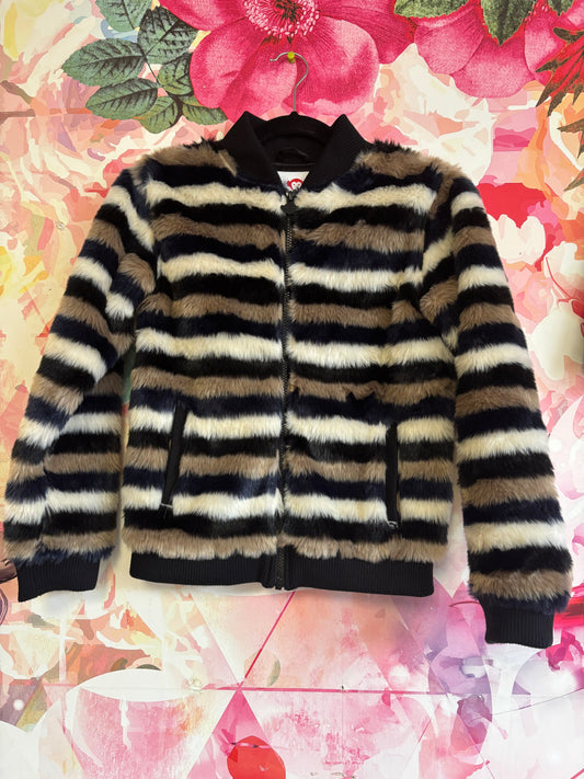 Appaman Nikki Bomber jacket. Faux fur striped black/tan/cream/blue. Size 12.