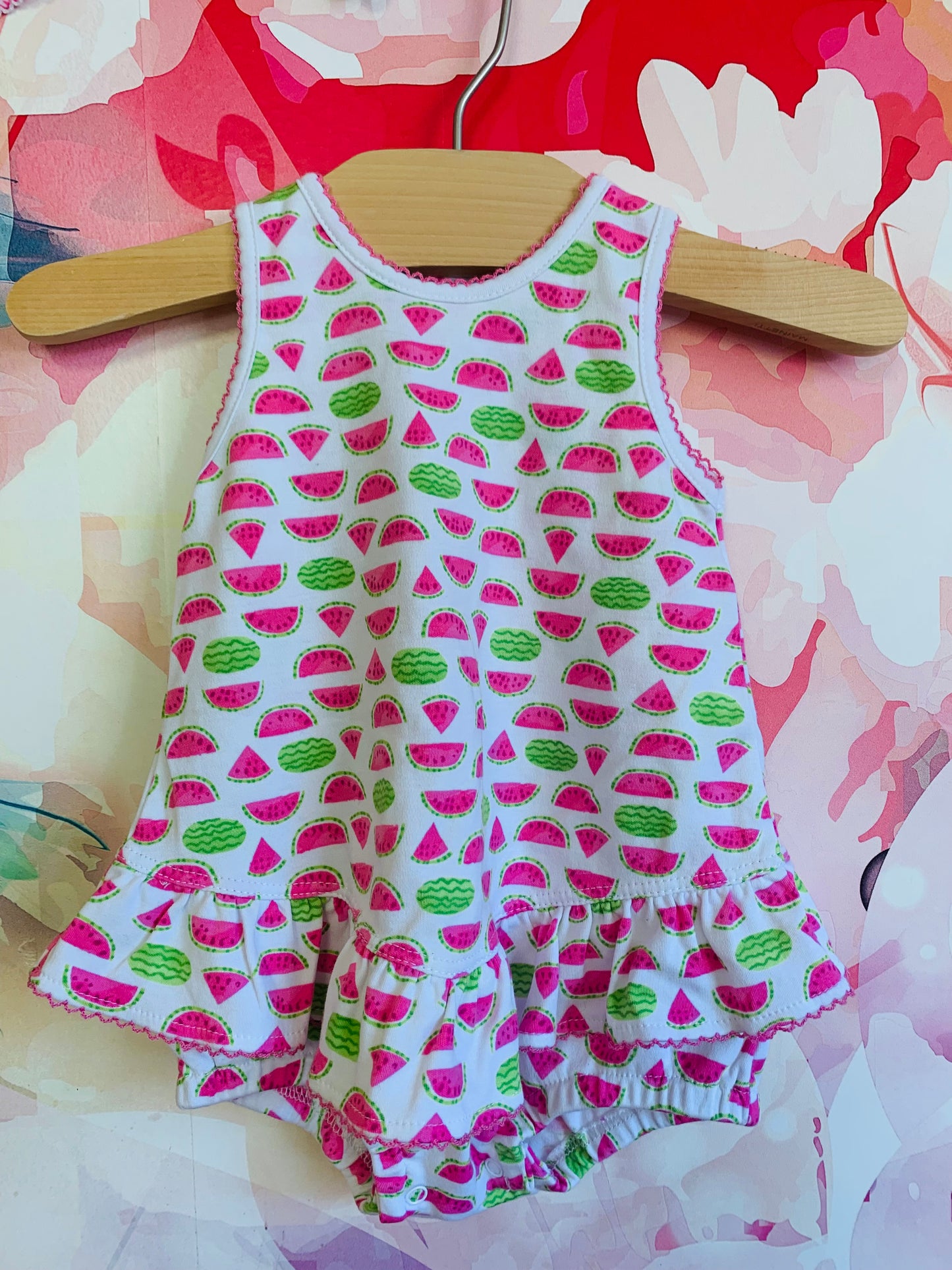 kissy kissy watermelon slice bubble romper dress with matching hat. Size 6-9m