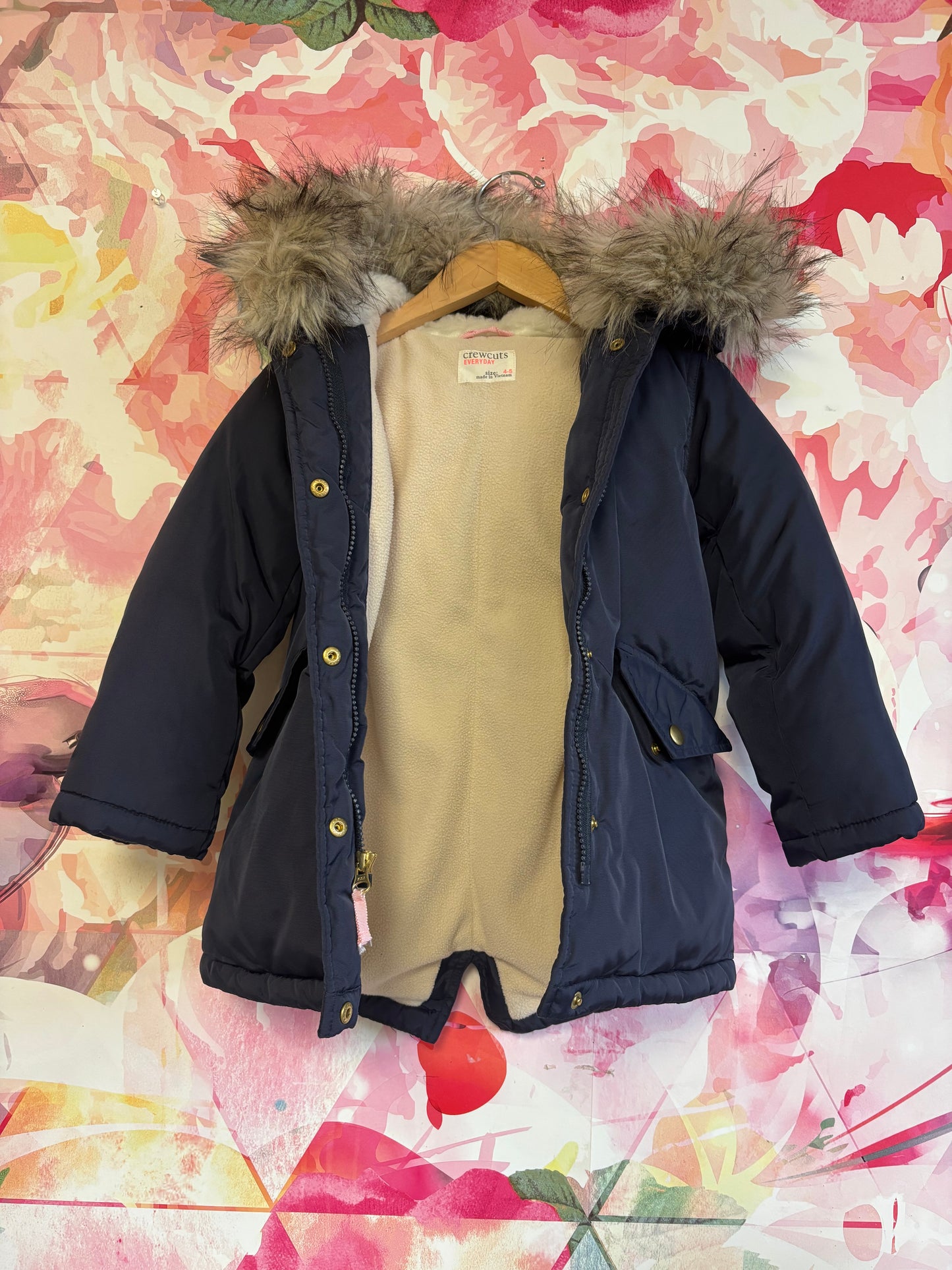 Crewcuts navy blue puffer coat with detachable fur hood. Size 4/5T.