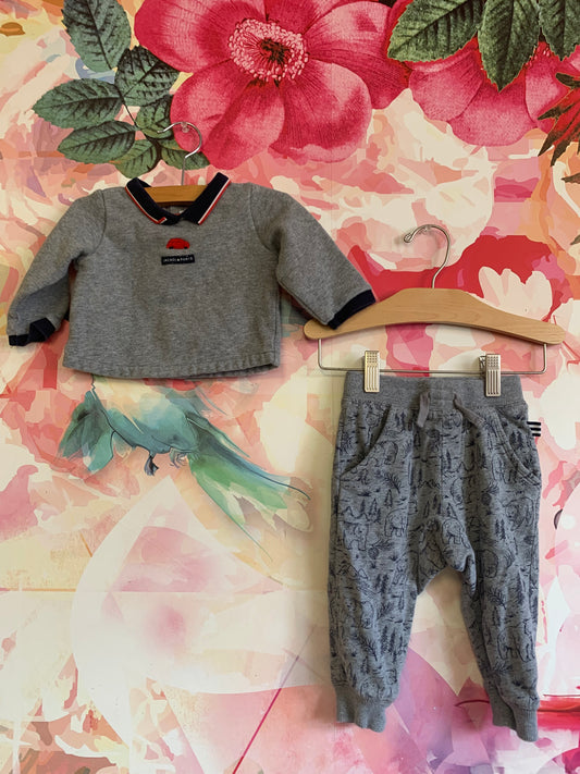 Jacadi grey sweater with blue/red collar and Splendid grey joggers with navy blue bear/forest design. 6-12m.