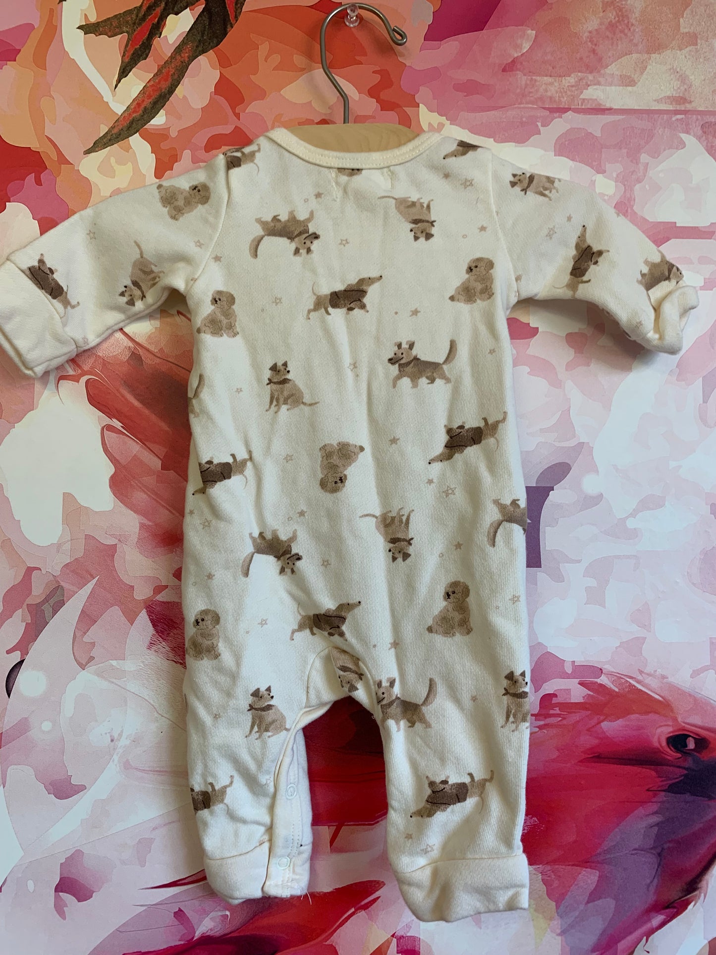 Rabbit + Bear cream romper with puppies. 100% organic cotton. Size 0-3m