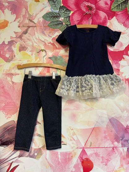 Tea Collection navy blue short sleeve dress with white lace hem. Size 2T. Baby Gap blue jeggings. Size 2T.