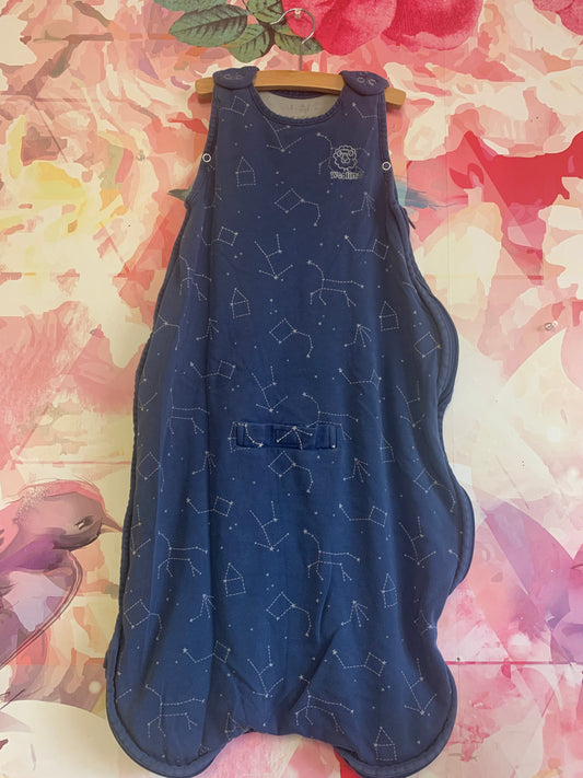 Woolino blue sleeping bag with stars & constellations. Zipper & shoulder snaps. Organic cotton & Merino wool. Size12-24m