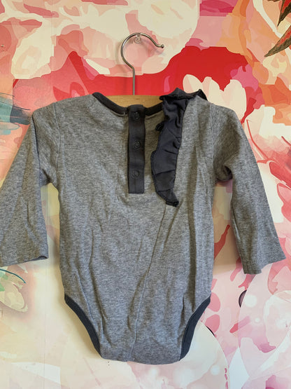 Monica & Andy grey long sleeve onesie with dark grey ruffle over one shoulder. Size 3-6m