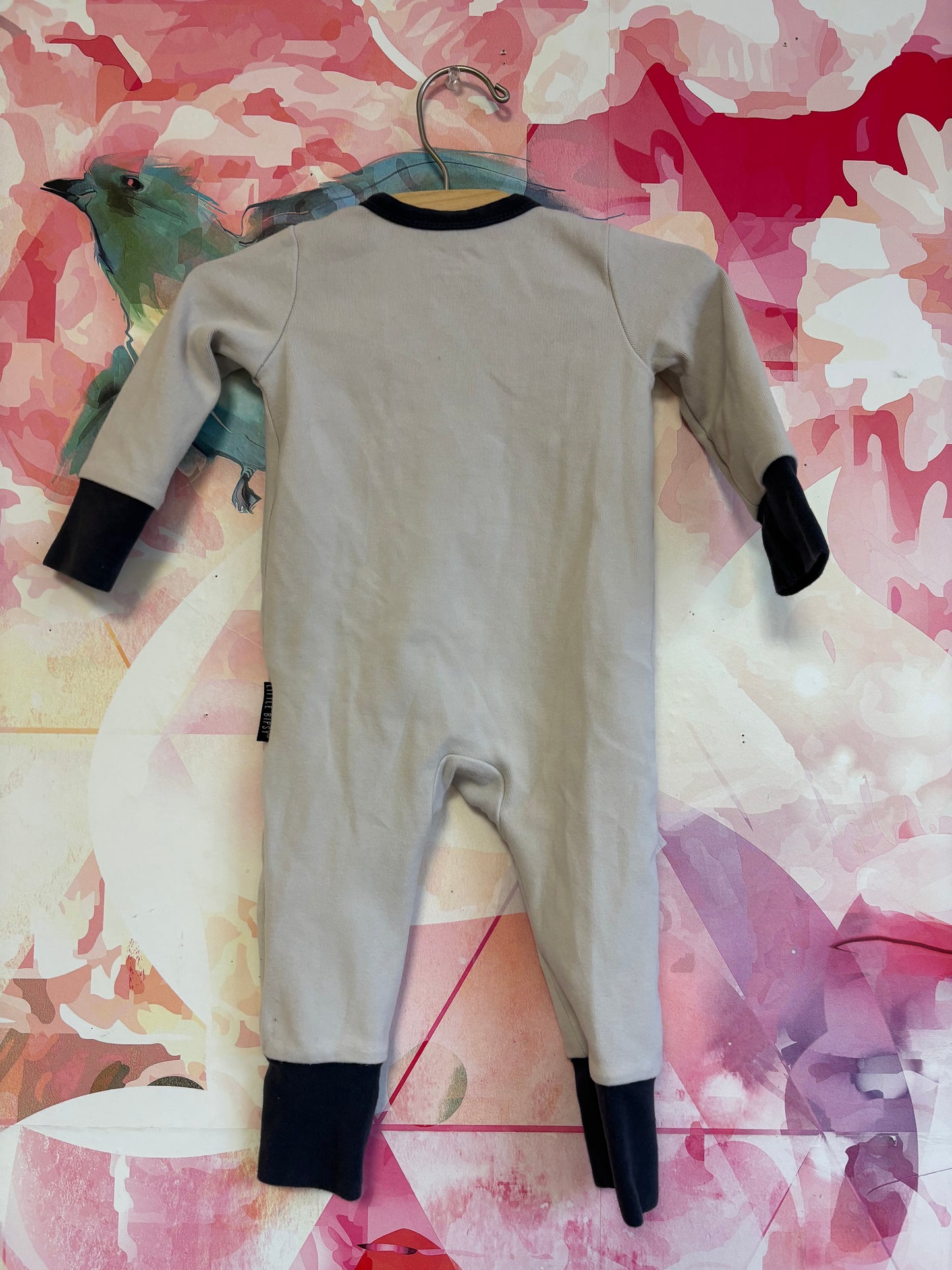 Little Bipsy beige & grey romper. Size 6-9m