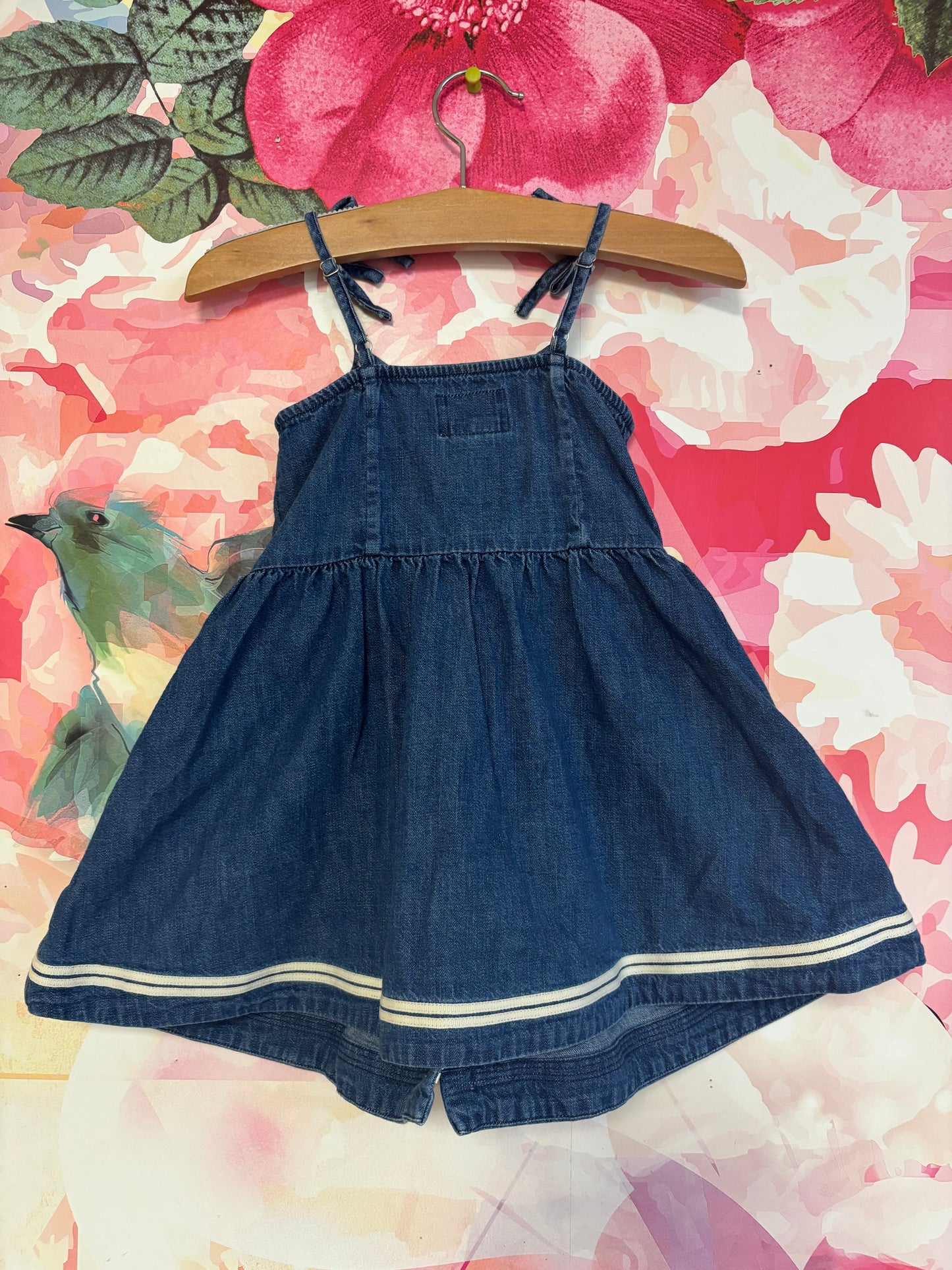 Polo Ralph Lauren blue denim spaghetti strap dress with full skirt, white buttons down front, two white stripes at hem and pockets. Size 3T