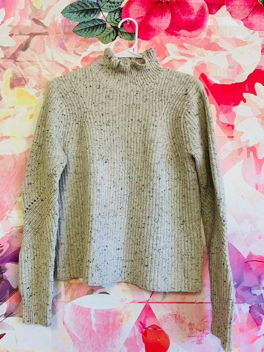 Joie cream & grey wool knit sweater with wavy trim on neck. Size Small.