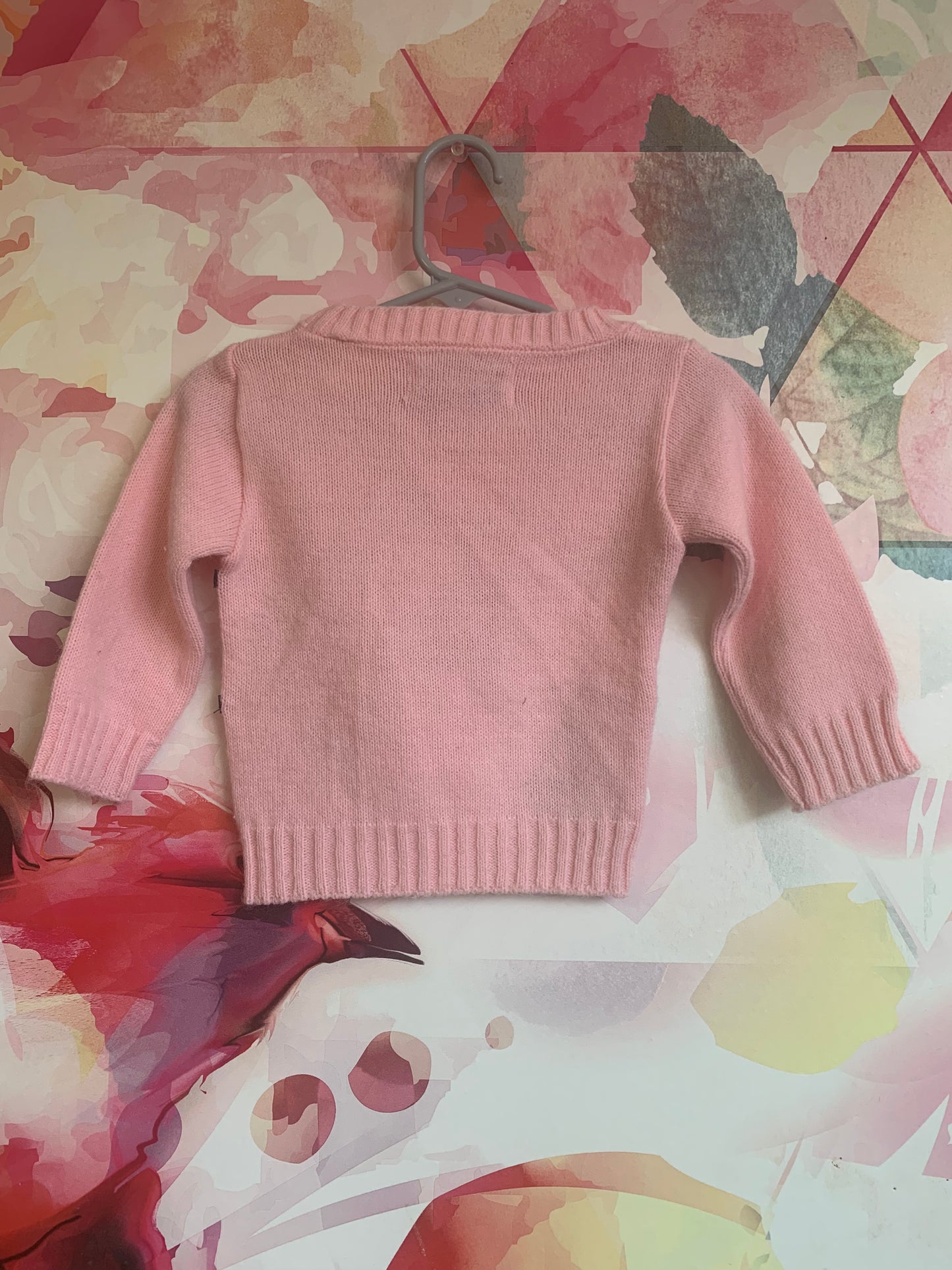 Blue Bird pink knit sweater with tic-tac-toe, sailboat, bunny, heart, watermelon. Size 6-12m