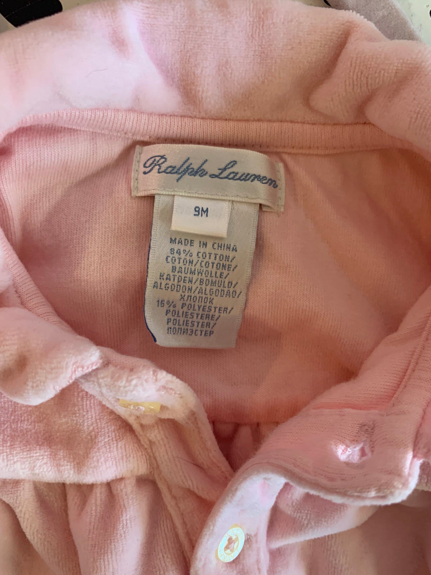 Ralph Lauren pink velour footed romper. Size 9m