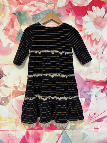 Hanna Andersson black velour dress with gold shimmery stripes & ruffles. Size 4.