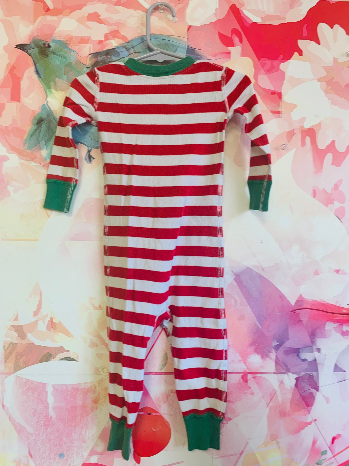 Hanna Andersson red/white stripe romper with green wrists, ankles & zipper. Size 12-18m