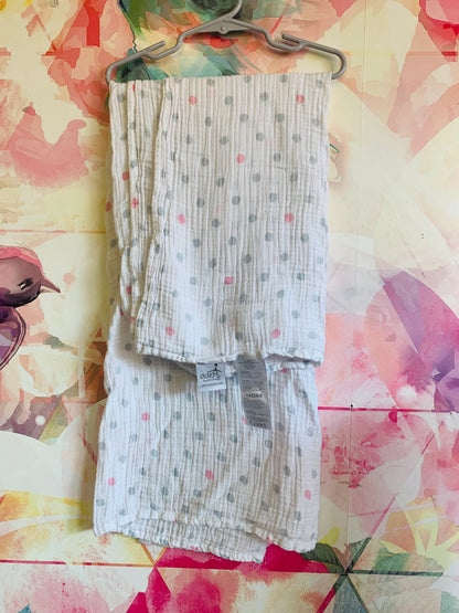 aden + anais white muslin blanket with pink & blue circles. 100% cotton.