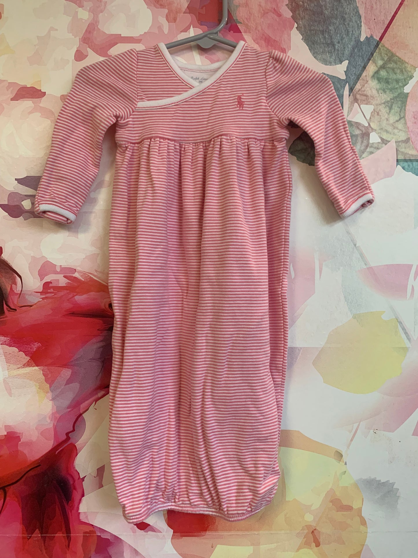 Ralph Lauren pink and white stripe sleep gown open at bottom. 100% cotton. Size 3m