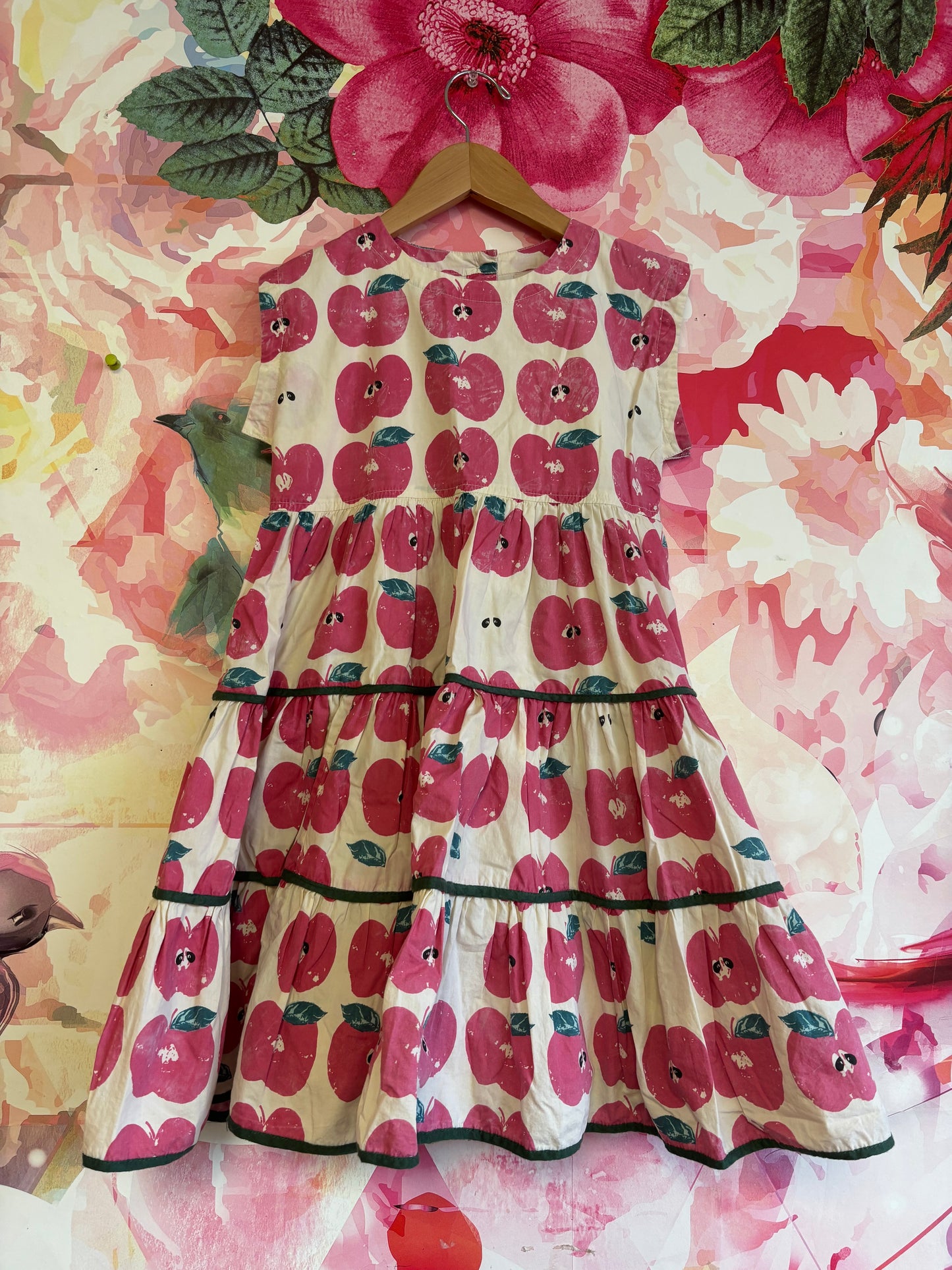 Pink Chicken apple stamp girls peachy dress. 100% cotton yarn dye. Cream, pink & green. Glitter buttons on back. Size 8