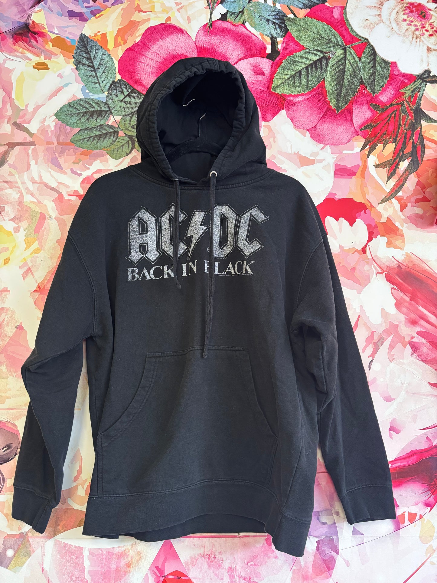 AC/DC logo on Independent Trading Company black pullover hoodie. Size Large.