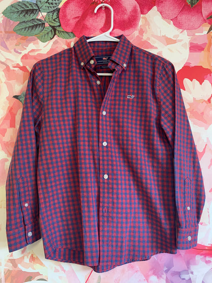 Vineyard Vines red & blue small checkered button down shirt. 100% cotton. Size 8/10.