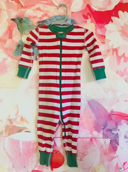 Hanna Andersson red/white stripe romper with green wrists, ankles & zipper. Size 12-18m