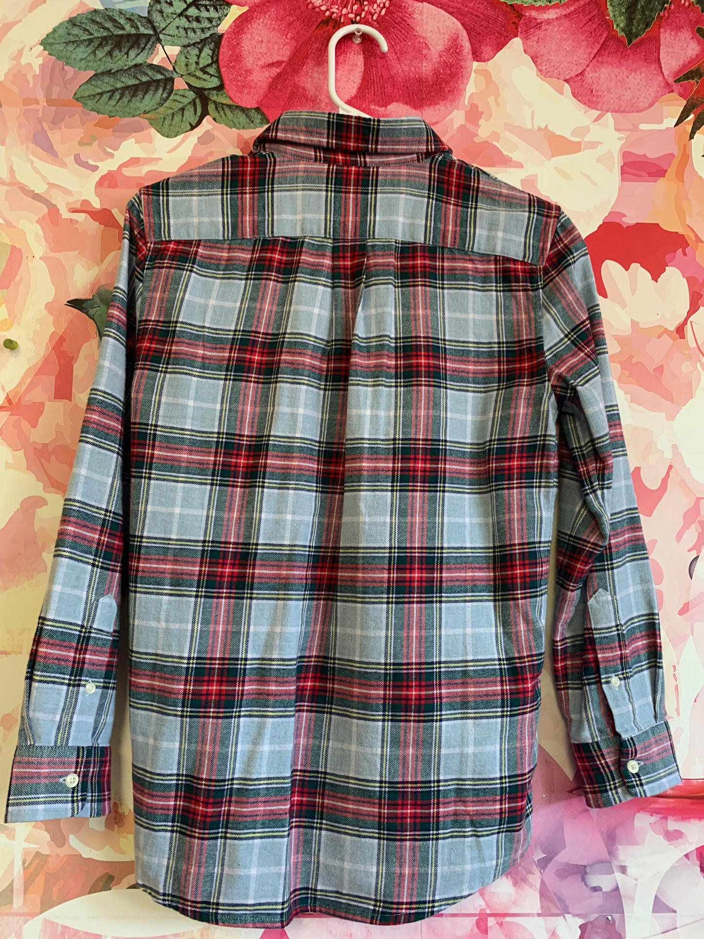 Vineyard Vines red, yellow, green plaid cotton button down shirt. Size 10/12.