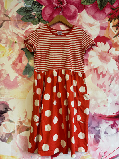 Hanna Andersson red/white stripe & polka dot short sleeve dress with front pockets. Size 12