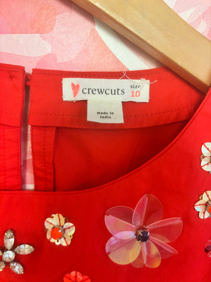 Crewcuts red short sleeve blouse with sequin & gemstone flowers. Size 10.