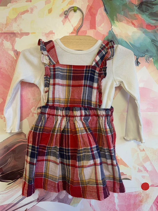 18m long sleeve top & plaid apron front dress