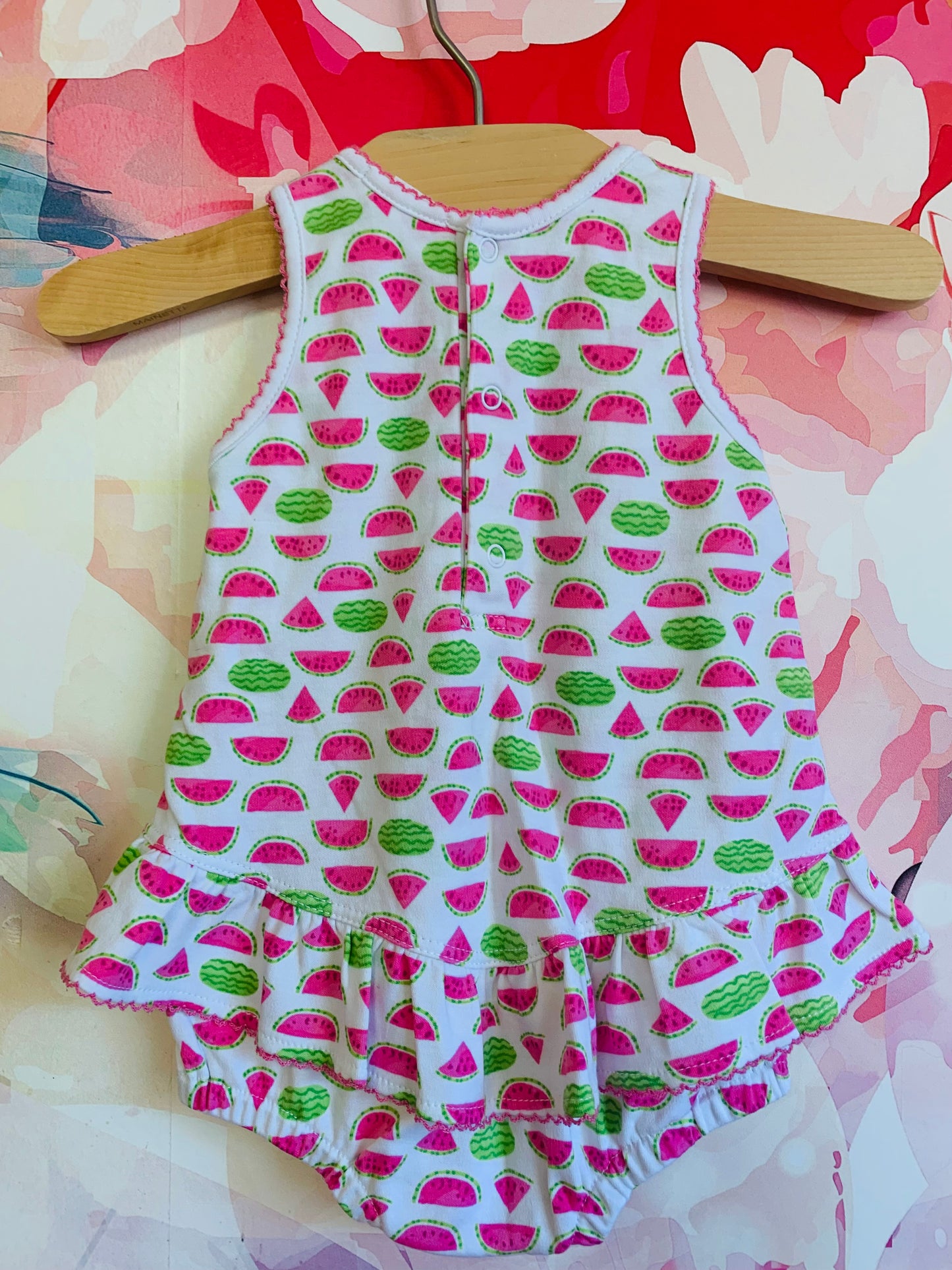 kissy kissy watermelon slice bubble romper dress with matching hat. Size 6-9m