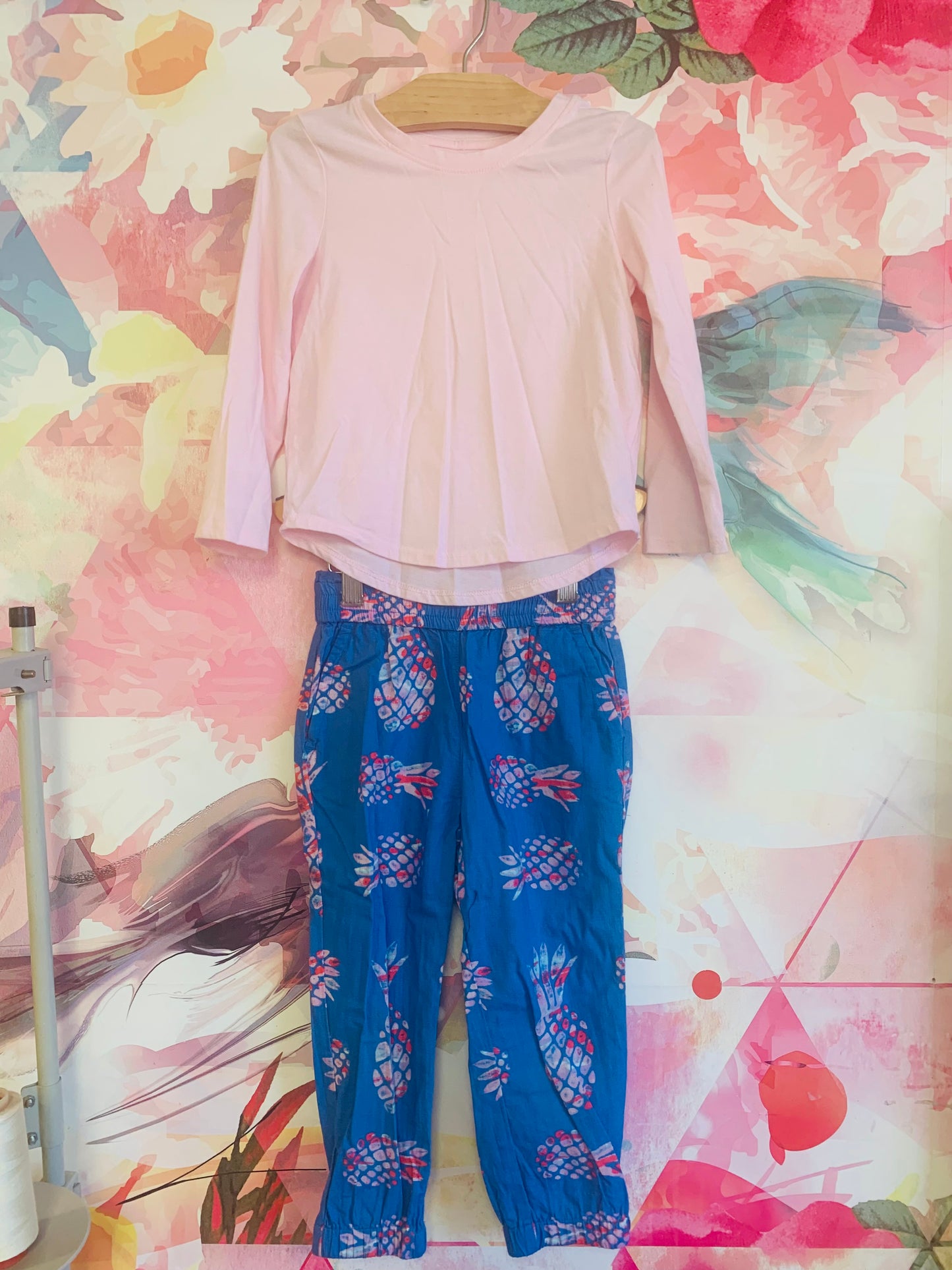 Crewcuts blue/pink pineapple pants & Cat & Jack long sleeve pink top. Size 4T.