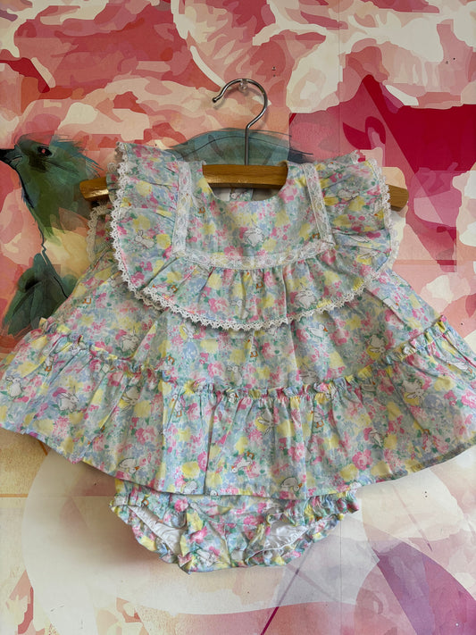 Janie & Jack pink, blue, yellow ruffle dress & bloomers with white bunnies & ducks. NEW WITH TAGS. Size 3-6m