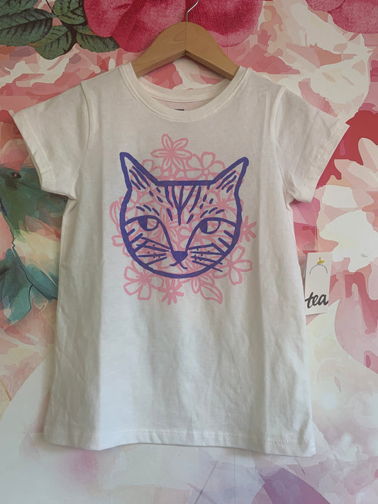 Tea Collection floral cat graphic tee. Cream, pink, purple. Size 6