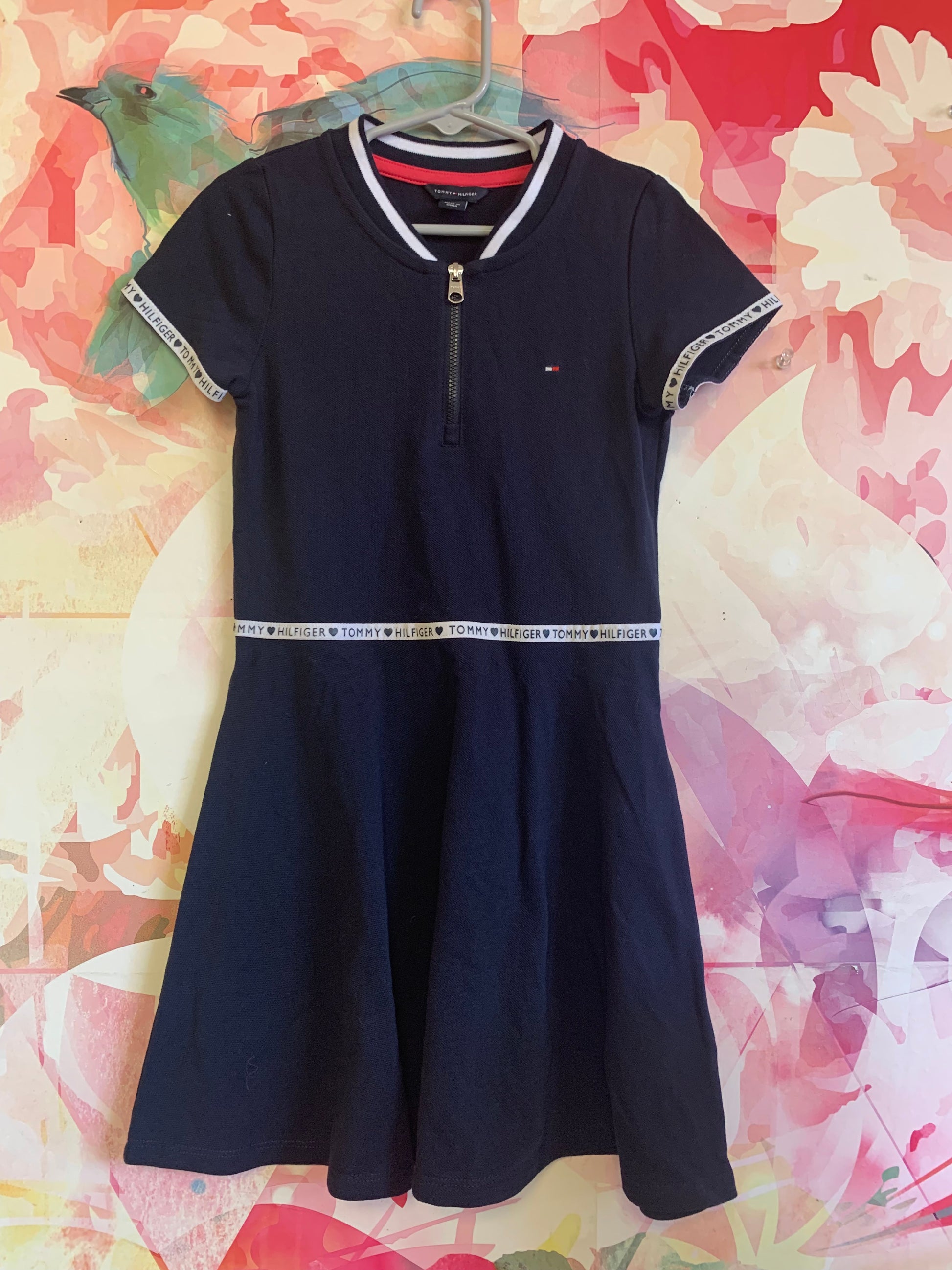 Tommy Hilfiger navy blue short sleeve dress with logo trim on sleeves & waist. Front zipper. Size 6
