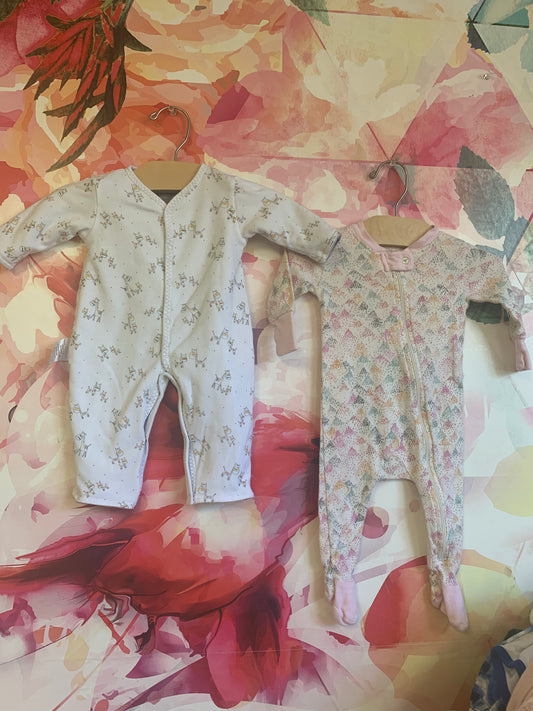 Bundle! Burt’s Bees pink, grey, green, orange zipper romper. 0-3. Kissy Kissy Fleece lined snap romper with zebras. 0-3.