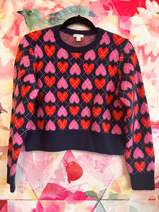 Crewcuts red & pink heart crewneck argyle sweater. Merino & alpaca supersoft yarn. Size 12 - 14