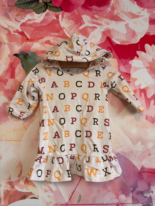 Monica &Andy cream hooded dress with alphabet. Size 18-24m